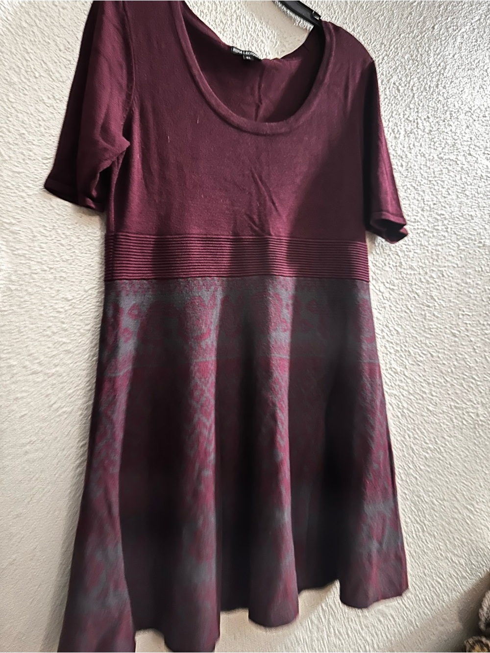 Nina Leonard Burgundy Short-Sleeve Midi Fit & Flare Dress